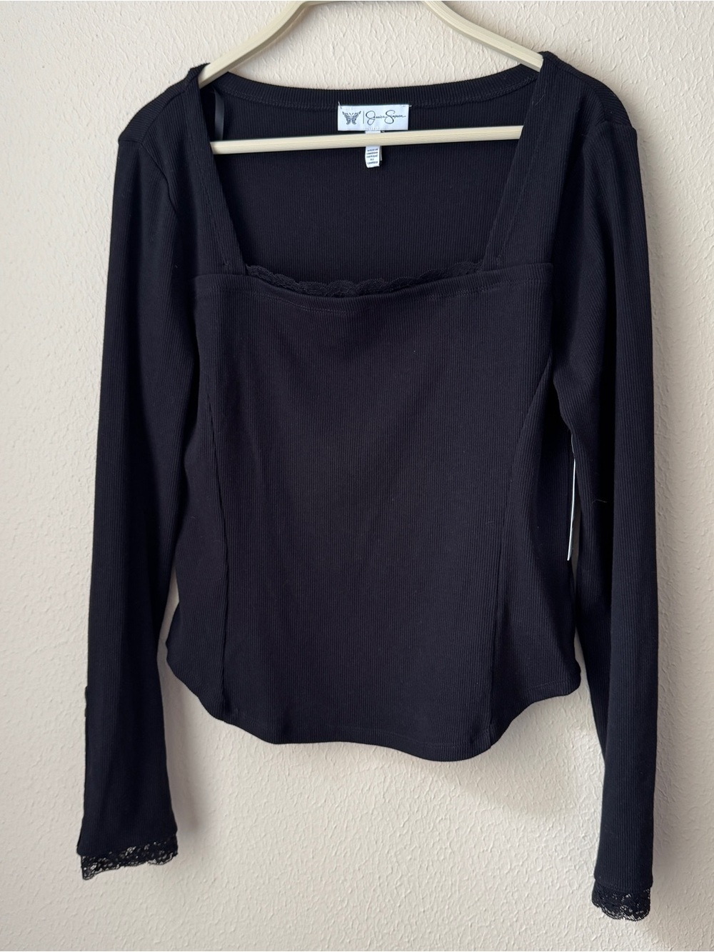 Jessica Simpson Women's Size M Black Rib Knit Top W/Lace Trim & Button Casual